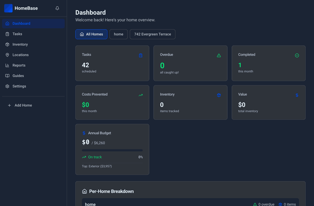 HomeBase dashboard showing maintenance overview, upcoming tasks, and warranty alerts