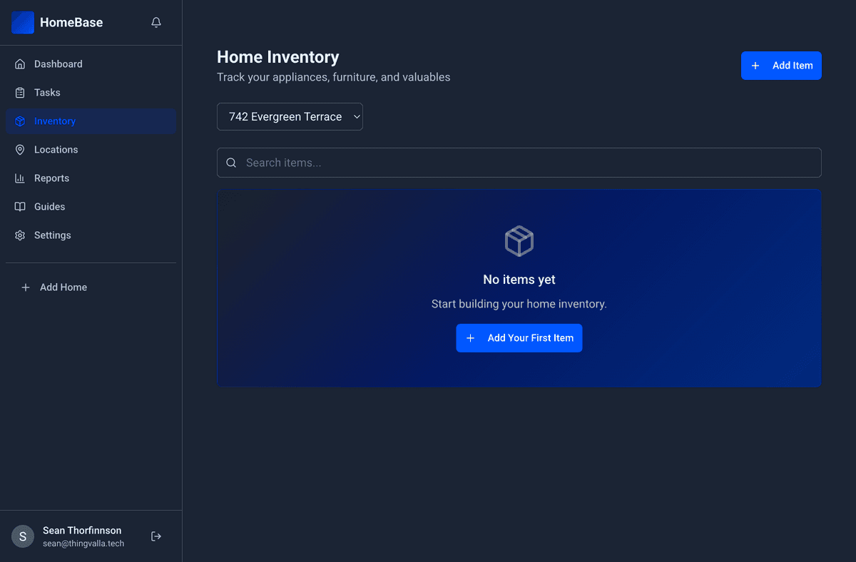 HomeBase inventory page tracking home appliances and systems