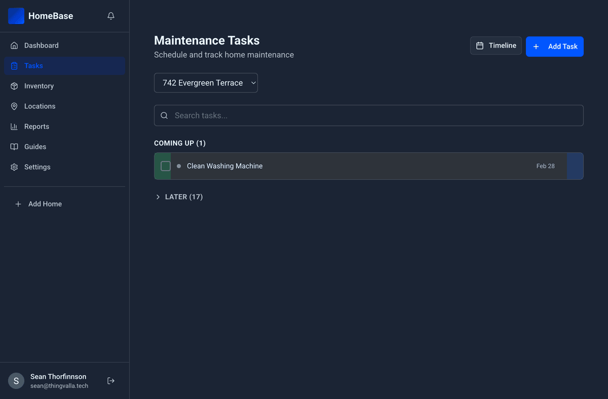 HomeBase tasks page with categorized maintenance schedule